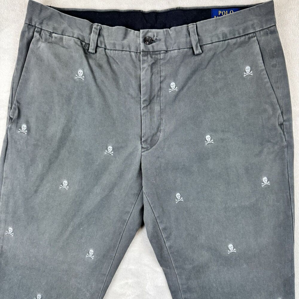 Polo Ralph Lauren Chino Pants Slim Fit Gray Skull Crossbones Embroidered 34x28 - Picture 3 of 13